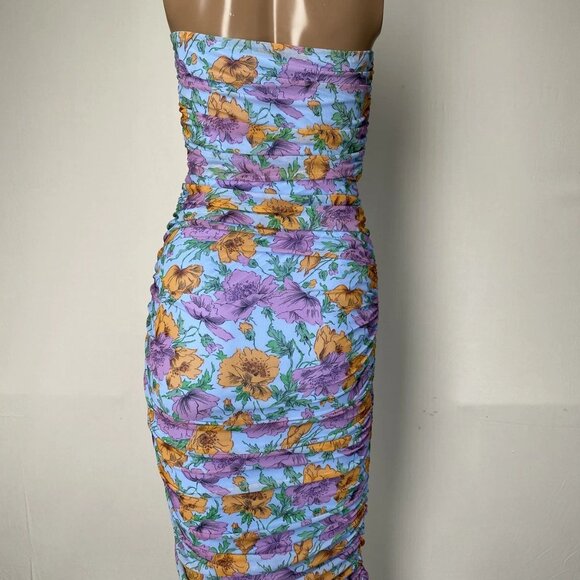 Veronica Beard Floral Ruched Strapless Midi Dress • Size 0 • Blue - Picture 5 of 8